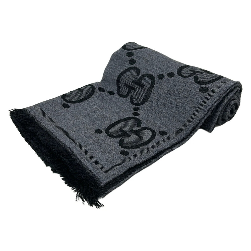 Gucci Jumbo Gg Gray Black Wool Scarf #358473G73B